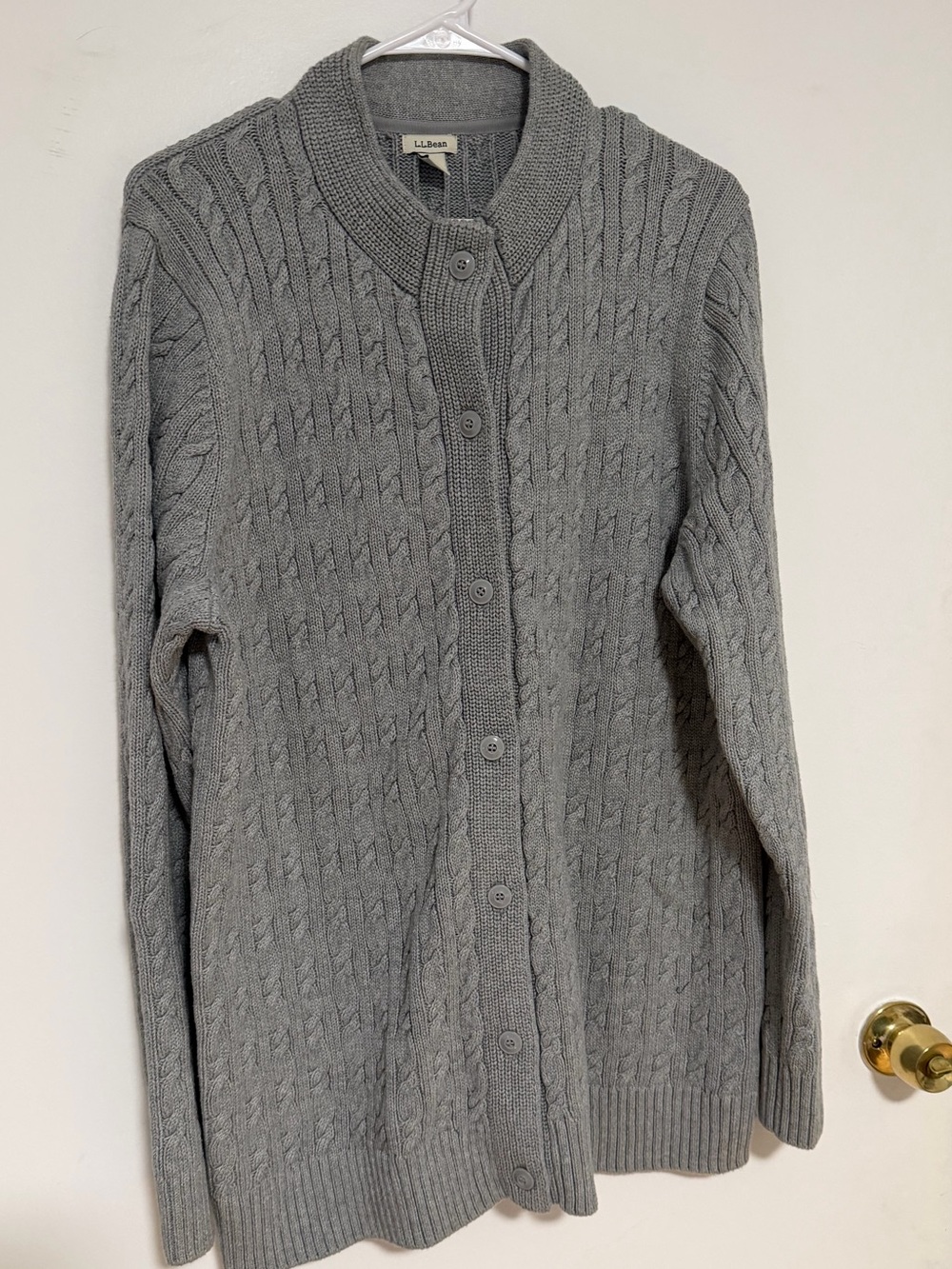 L.L.Bean Cable Knit Cardigan Sweater Women’s XL Gray 100% Cotton Shawl Collar